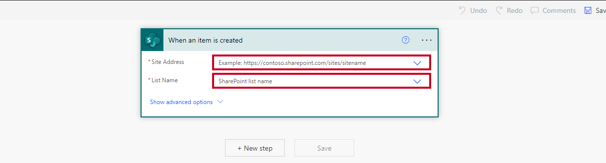 Site address and list name text boxes.