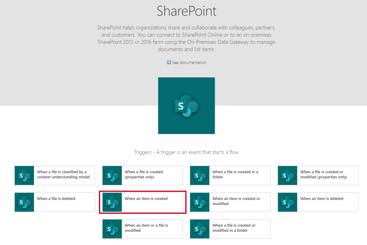 SharePoint, when an item is created option.