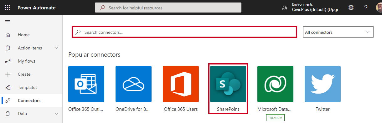 Connectors search box, SharePoint tile.