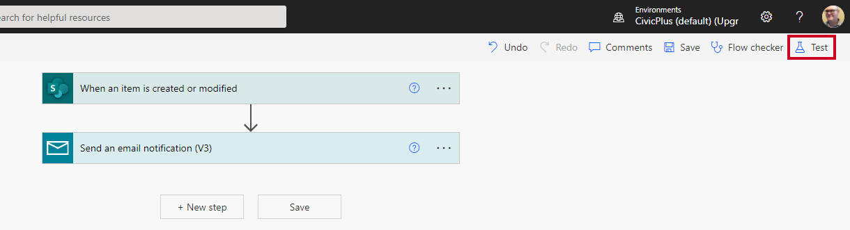 Flow test button (beaker icon).