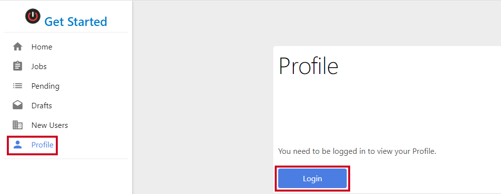 The Get Started app's profile page and login button.