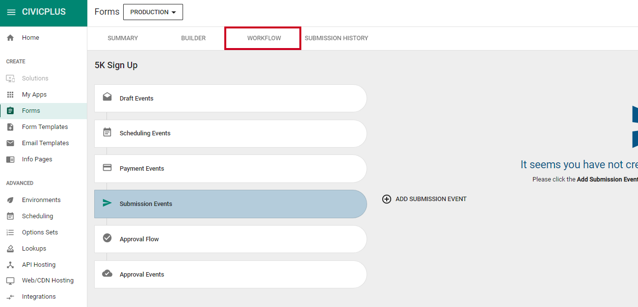 The Submission Events option on a Forms workflow tab.