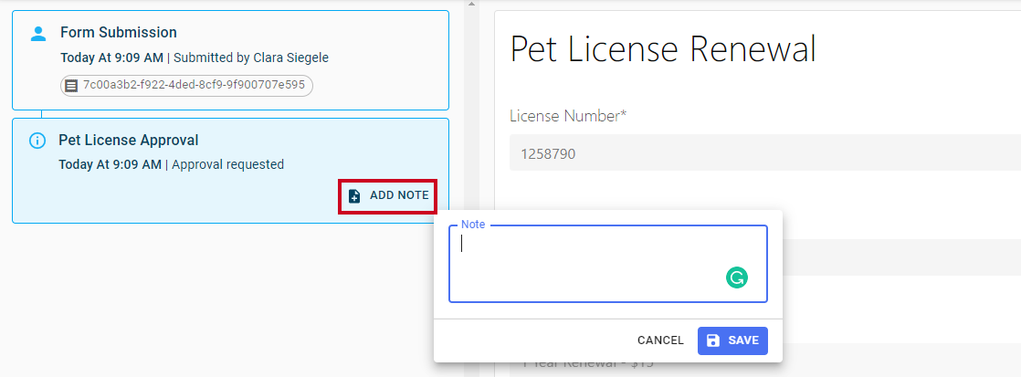 Add note button with note textbox pop-up.