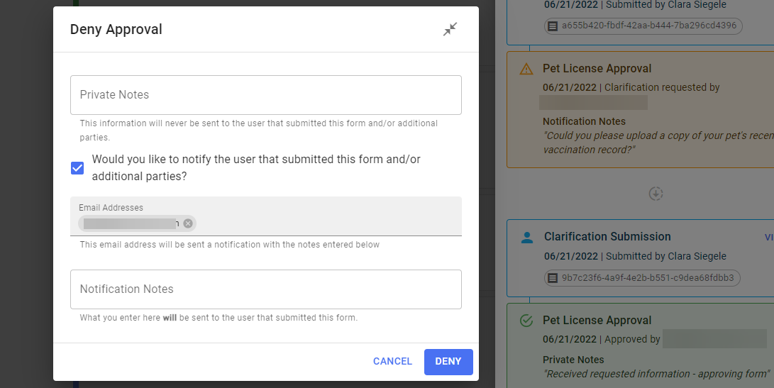 Deny approval fields.