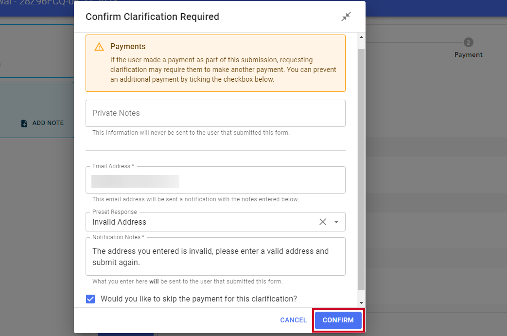 Confirm button to send clarification response to the submitter.